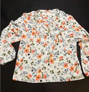 Loft Petites Floral Long Sleeve Tie Neck Blouse Orange Blue White LP thumbnail 1