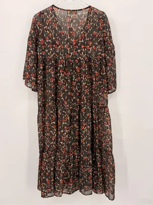 Natural Life Dress Size Small Brown Midi Floral V Neck Bell Sleeve Tiered Boho thumbnail 7