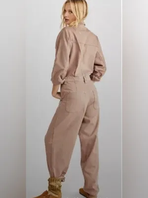 Free People We The Free Sammie Utility Denim Jumpsuit Coverall NWOT Brown Small thumbnail 2