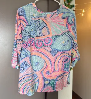 Lilly Pulitzer Womens Egret Tile Wave 100% Linen Henley Tunic Top thumbnail 7