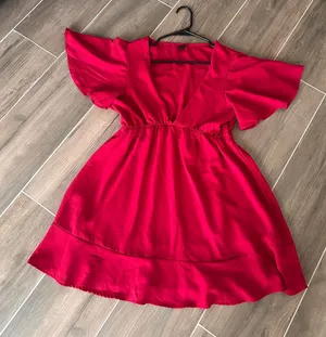 SheIn Red Flutter Sleeve Deep V Neck Fit & Flare Mini Dress L 8/10 thumbnail 1