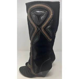 Mojo Moxy Black Suede Leather Mid Calf Tan Embroidered Decorative Panels Size 7W thumbnail 3