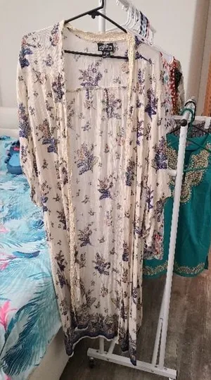 Angie Cream, Boho Blue and Pink Floral Duster Kimono, Medium/Large thumbnail 1