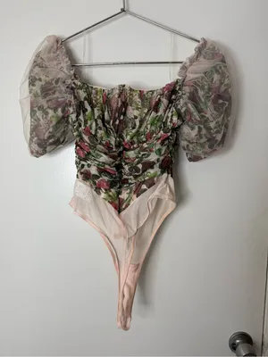 House of CB Nina Vintage Floral Gathered Mesh Bodysuit M thumbnail 5
