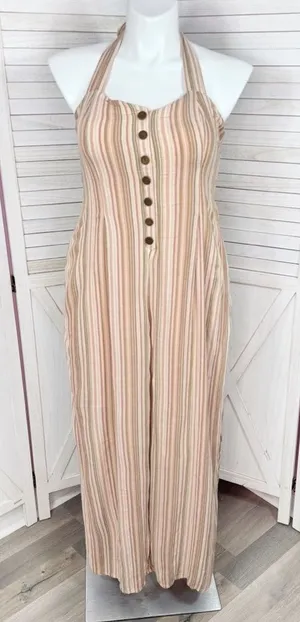 American Eagle Boho Striped Gauze Wide Leg Smocked Jumpsuit‎ Beige Large thumbnail 1