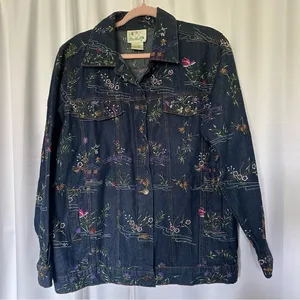 Quacker Factory Jacket Embroidered Floral Blue Denim Jean Trucker Women's Size L thumbnail 1