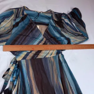 Elan Blue Abstract Stripe Mesh Wrap Tiered Maxi Dress PM50037 Medium NWT thumbnail 6