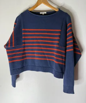 Madewell rolled neck cotton long sleeve sweater navy orange stripe medium‎ thumbnail 1