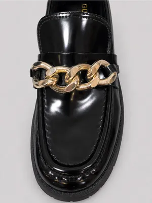 GUESS Hillford Chunky Women Loafer Black Patent Gold Chain Platform Lug Sole 9.5 thumbnail 3