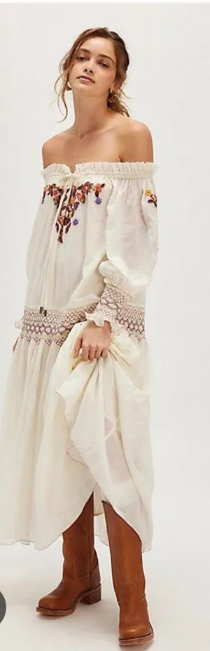 Free People Natural Harvest Moon Maxi Dress Ivory Embroidered Boho L thumbnail 1