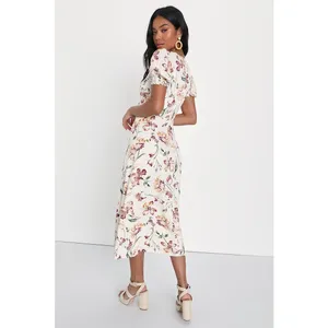 NWT Lulus Parisian Picnic Cream Floral Jacquard Puff Sleeve Midi Dress Resort S thumbnail 3