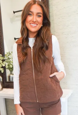 Umgee Brown Floral Quilted Zip-Up Vest‎ thumbnail 1