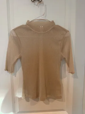 Anthropologie Lurex Mesh Top Mock Neck Lettuce Edge Knit Top thumbnail 3