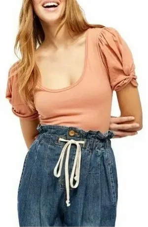 Free People Ava Puff-Sleeve Bodysuit Size M Pink Cinnamon thumbnail 1