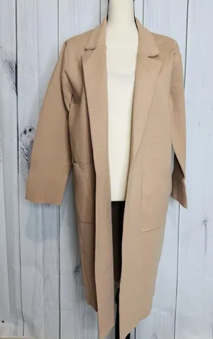 ANRABESS Long Cardigan Women’s Sz L Tan Open Front Duster Sweater Coat Pockets thumbnail 1