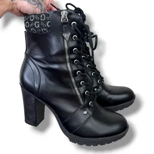 GUESS Los Angeles Black Lace-Up Hiker Booties Zip Chunky Block Heel Combat Boots thumbnail 2