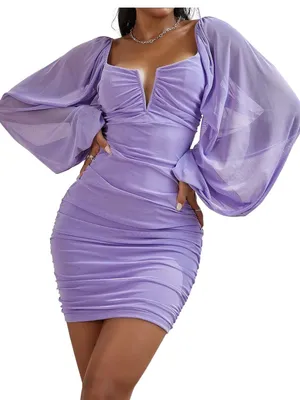 Lilac V-Neck Puff-Sleeve Ruched Mini Dress thumbnail 1