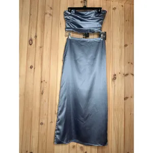 NWT Lulus Demure Sweetie Slate Blue Satin Strapless Two-Piece Midi Dress Sz M/L thumbnail 2