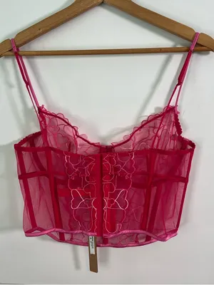NWT SKIMS Embroidered Tulle Hearts Corset Top Size Large Pink Punch thumbnail 4