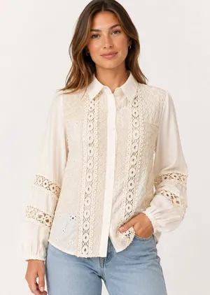 Fashion Apparel Blouse S/M Ivory Lace Patchwork Boho Eyelet Button Down Cottage thumbnail 1