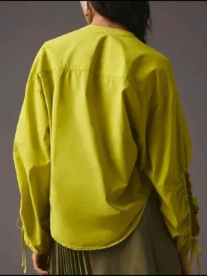 Anthropologie Pilcro Chartreuse Green Poplin Drawstring Sleeve Blouse thumbnail 3