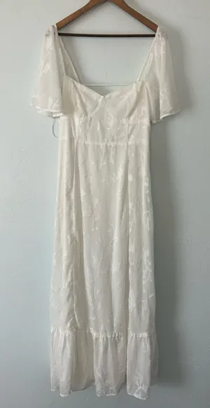 White Floral Maxi Dress w Sheer Short Sleeves Sweetheart Neckline Lace up back thumbnail 1