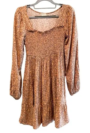 Altar’d‎ State Boho Floral Smocked Long Sleeve Dress Peach Orange Size Medium thumbnail 1