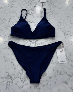 NWT Quince Deep Navy Italian V Neck Bikini Top & Low Rise Bottoms Set Size XS thumbnail 1