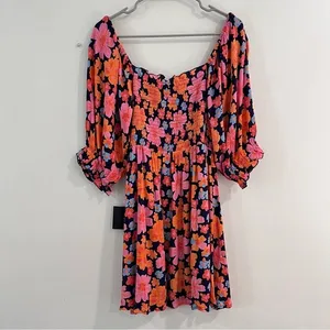NWT Lulus Pollen in Love Navy Blue Floral‎ Puff Sleeve Mini Skater Dress SMALL thumbnail 7