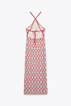 Zara Women’s Halter Knit Crochet Maxi Dress in Coral and Mint thumbnail 10
