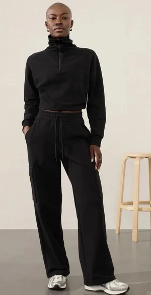 Athleta Easy Fleece Cargo Wide Leg Pants Black Women High Rise Size‎ Medium thumbnail 1