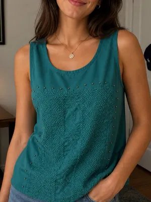 American Eagle Green Embroidered Boho Beaded Tank Top thumbnail 1