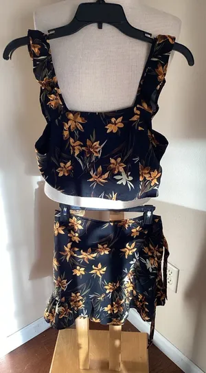 Pink Lily Two-Piece Black and Yellow Floral Crop Top and Ruffle Mini Skirt Set thumbnail 1
