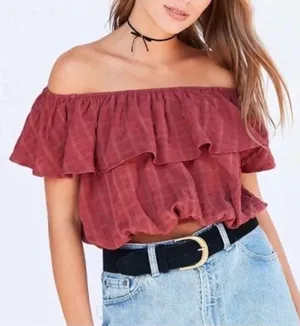Urban Outfitters maroon grid off the shoulder ruffle coquette top thumbnail 1