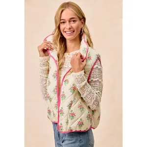 BiBi Floral Print Piping Detail Quilted Vest - Cream/Pink - Medium thumbnail 7