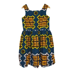 African Wax Print Fit and Flare Dress Blue Yellow Geometric Square Neck thumbnail 5