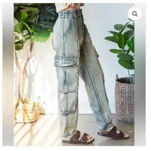 Oli‎ & Hali Yellow Wash Distressed Cargo Jeans XL Fringed Raw Edge Utility Pants thumbnail 13
