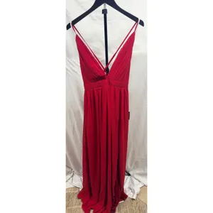 New! Lulu's Ballroom Bliss Red Pleated Deep V Chiffon Long Maxi Dress Sz Large thumbnail 3