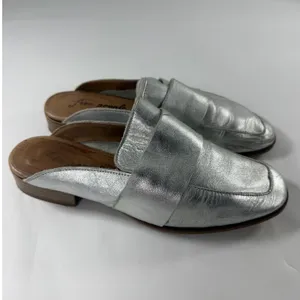 Free People At Ease Loafer Mules Silver Metallic Leather Square Toe Size 36 thumbnail 3