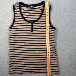 Lands' End Women's XL 16/18 Tan Black Striped Ribbed Henley Tank Top Casual thumbnail 4