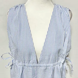 New ASOS Seersucker Plunge V-Neck Tie Waist Mini Sundress Blue White Size 4 thumbnail 8