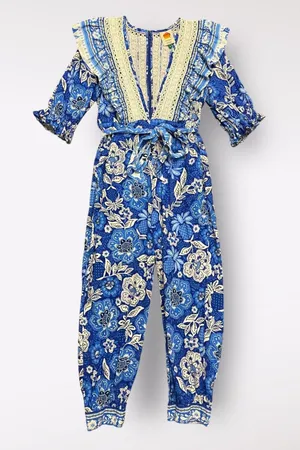 Farm Rio Full of Flowers Jumpsuit‎ Blue Crochet Lace Size M thumbnail 1