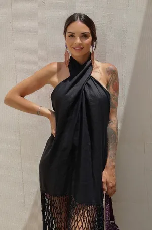 ZARA dress midi black halter neck linen fringed fringes boho thumbnail 8
