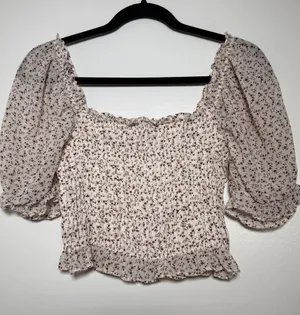 Cotton Candy Cream Crop Top with Brown Floral Print Medium Festival thumbnail 1
