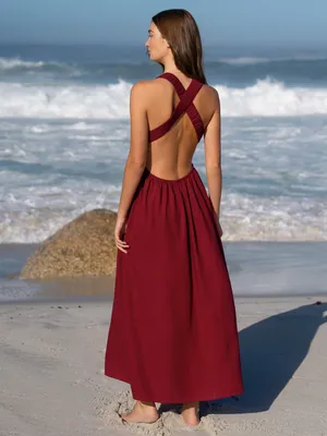 Berlook Wine Red V Neck Plaeted Beach Dress thumbnail 2