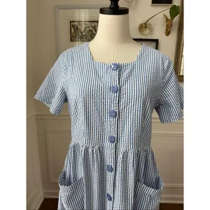 The Vermont Country Store Blue Stripe Seersucker Short Sleeve Buttonfront Dress thumbnail 3