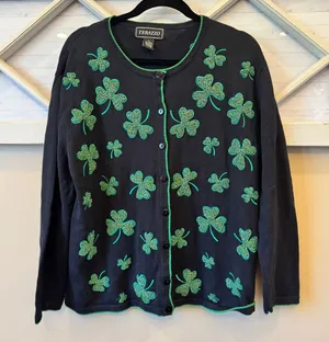 Black Shamrock Embroidered Knit Cardigan - Green Accent beaded‎ shamrock thumbnail 1