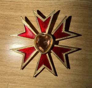 Vintage Gold Tone Maltese Cross Brooch Red and Gold Yellow Heart thumbnail 1