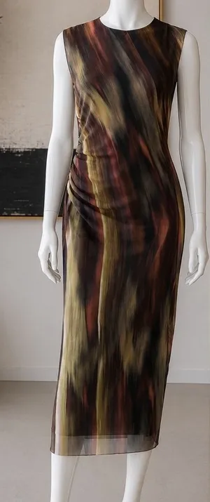 Zara Womens Midi Dress Abstract Print Ruched Mesh Sleeveless Brown Medium thumbnail 1