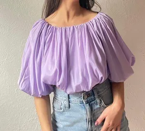 Boutique Purple Bubble Sleeve Crop Top thumbnail 1